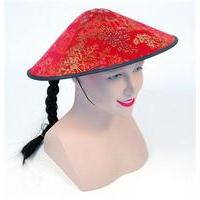 Red Ladies Chinese Coolie Hat With Plait