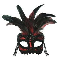 Red & Black Eye Mask With Feather