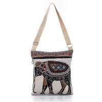 Retro Women Canvas Crossbody Bag Embroidered Elephant Print Zipper Shopping Travel Shoulder Bag