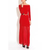 Red Jersey and Mesh Off the Shoulder Maxi Dress with Belt Detail
