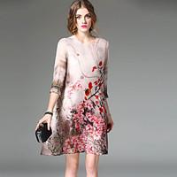 REVIENNE BAY Women\'s Going out Vintage A Line DressFloral Round Neck Above Knee Sleeve Pink Silk Spring Summer Mid Rise Micro-elastic Medium