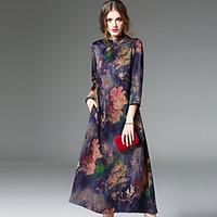 REVIENNE BAY Women\'s Going out Vintage A Line Dress, Floral Stand Midi ¾ Sleeve Silk Spring Summer Mid Rise Micro-elastic Medium