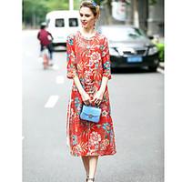 REVIENNE BAY Women\'s Going out Chinoiserie Shift Dress, Floral Round Neck Midi ¾ Sleeve Silk Linen Spring Summer Mid Rise Micro-elastic Medium