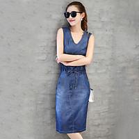 Real shot female summer 2017 denim dress casual denim skirt Slim temperament long section of the Korean version