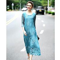 REVIENNE BAY Women\'s Embroidery Going out Cute Loose Dress Round Neck Midi Length Sleeve Blue Gray Silk Spring Summer Mid Rise Micro-elastic Medium