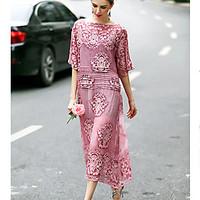 REVIENNE BAY Women\'s Lace Going out Cute A Line Dress, Embroidered Boat Neck Midi ½ Length Sleeve Silk Spring Summer Mid Rise Micro-elastic Medium