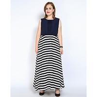 Really Love Women\'s Plus Size Beach Party Sexy Vintage Street chic Loose Chiffon Swing Dress, Striped Color Block Patchwork Round Neck Maxi Sleeveless