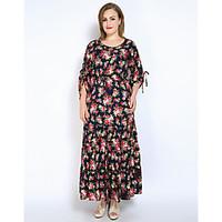 Really Love Women\'s Plus Size Party Holiday Sexy Vintage Sophisticated Loose Swing Dress, Floral Round Neck Maxi Long Sleeve Cotton PolyesterAll