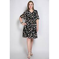 Really Love Women\'s Plus Size Casual/Daily Party Sexy Vintage Cute A Line Loose Chiffon Dress, Print V Neck Knee-length ½ Length Sleeve Polyester