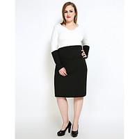 Really Love Women\'s Plus Size Casual/Daily Party Sexy Simple Cute Shift Sheath Black and White Dress, Color Block Patchwork V Neck Midi Long Sleeve