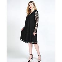 Really Love Women\'s Plus Size Casual/Daily Party Sexy Vintage Simple Loose Shift Lace Dress, Solid Round Neck Midi Long Sleeve Polyester SpandexAll