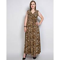 Really Love Women\'s Plus Size Casual/Daily Party Sexy Vintage Simple Loose Shift Swing Dress, Solid Leopard V Neck Maxi SleevelessCotton Modal