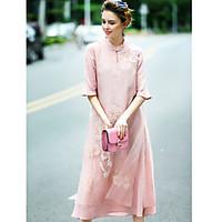 REVIENNE BAY Women\'s Going out Cute A Line DressEmbroidered Stand Midi Length Sleeve Blue Pink Silk Spring Summer Mid Rise Micro-elastic Medium