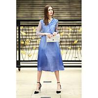 REVIENNE BAY Women\'s Going out Casual/Daily Cute A Line DressSolid V Neck Midi Sleeve Silk Spring Summer Mid Rise Inelastic Medium