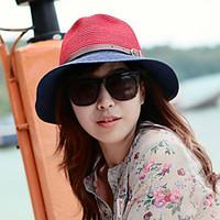 retro bow color stitching leather buckle large brimmed sun hat