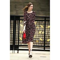 REVIENNE BAY Women\'s Going out Casual/Daily Cute A Line DressPrint Round Neck Midi Length Sleeve Silk Spring Summer Mid Rise Inelastic Medium