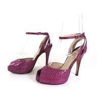 Reiss Size 3.5 Magenta Snake Skin Textured Leather Peep Toe Ankle Strap Heeled Shoes