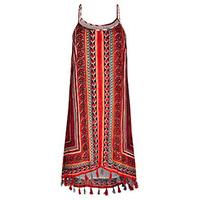 Red Tribal Stripe Print Tassel Hem Shift Dress