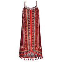 red tribal stripe print tassel hem shift dress