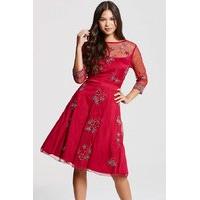 Red Embroidered Skater Dress