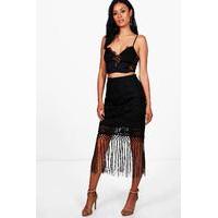 reign crochet lace tassle midi skirt black