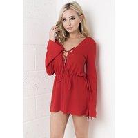 Red Bell Sleeved Lace up Playsuit