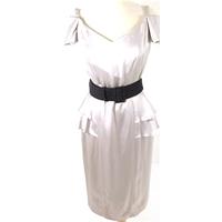 REISS Size 10 Sheer Silky Silver Peplum Belted Dress