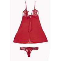 Red Encrusted Chemise And Thong Set