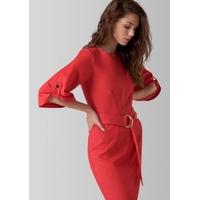 red zip front belted turn up sleeve dress