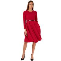 Red Long Sleeve Belted Midi Dress