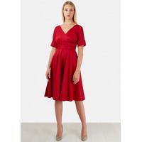 Red Roll Sleeve V Neck Flared Dress