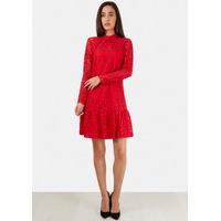 Red Lace Long Sleeve Gathered Hem Dress