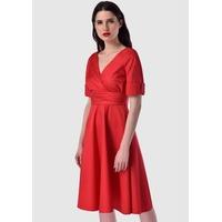 Red Roll Sleeve V Neck Flared Dress