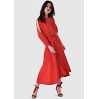 Red Cold Shoulder Midi Belted Dress