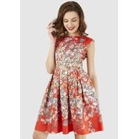 Red Floral Tie Back Pleated Skirt Dress