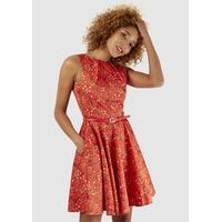 red floral skater dress with belted waist