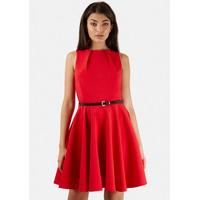 Red Jacquard Belted Skater Dress