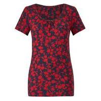 red floral print jersey round neck top