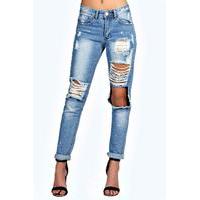 Relaxed Fit Open Knee Boyfriend Jeans - blue