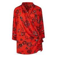 Red Prnt Wrap Tie Blouse With 3/4 Sleeve