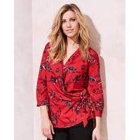 Red Prnt Wrap Tie Blouse With 3/4 Sleeve