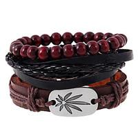 Retro Concise Alloy Maple Weave Woven Leather Beaded Bracelet