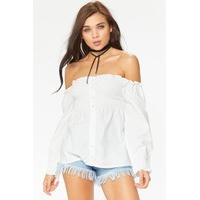 Rhonda White Button Bardot Smocked Top