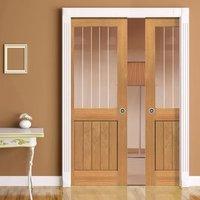 River Thames Oak Double Pocket Doors Half Light - Etched Clear Glass