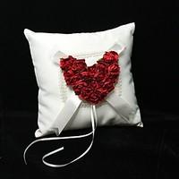 Ring Pillow In Ivory Satin With Red Rose Heart