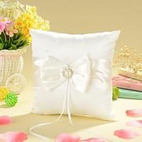 Ring Pillow In Ivory Satin With Bow And Faux Pearl
