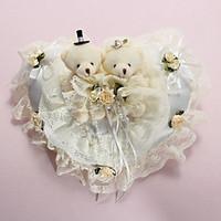 Ring Pillow In White Satin With Lovely Bears And Laces