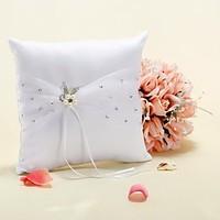 Ring Pillow In White Satin With Faux Pearl Flower and Rhinestone