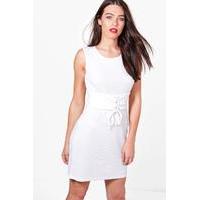 Rib Corset Belt Sleeveless Bodycon Dress - white