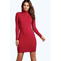 Ribbed High Neck Bodycon Dress - berry